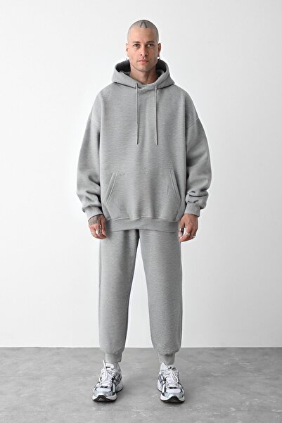 YAKAMEL MEN'S GRAY 3 YARN INSIDE FLEECE OVERSIZED SPORTS Tracksuit SET