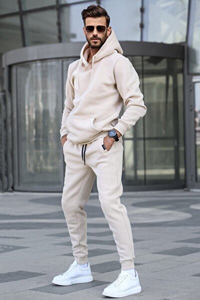 YAKAMEL Ανδρικό Σετ Φόρμας με Κουκούλα σε Μπεζ Χρώμα με 3 Κλωστές YSR