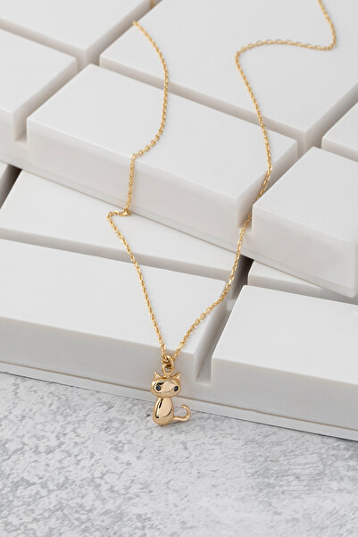Cenova Jewelry 14 Ayar Altın Minimal Kedi Figürlü Kolye