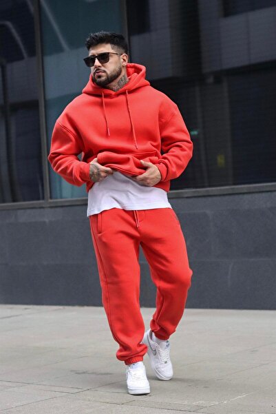 YAKAMEL Set de trening pentru bărbați, roșu, cu glugă, cu 3 fire, talie înalt...