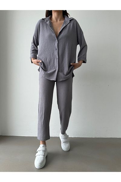 BEJNA Graues Set aus Oberteil und Unterteil mit doppelten Ärmeln für Damen