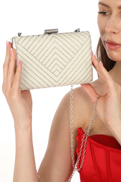 womenacs Women's Pearl Colored Pearl Jewelled Evening Clutch - 370 for Hand, Night, Wedding and Engagement