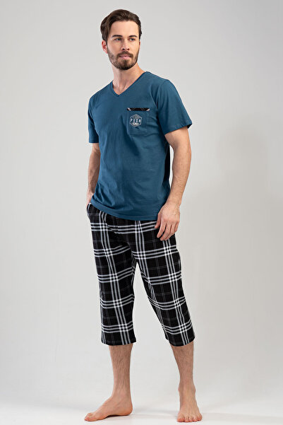 VİENETTA Costum de pijama capris cu decolteu în V pentru bărbați - bumbac, mărime mare, mânecă scurtă
