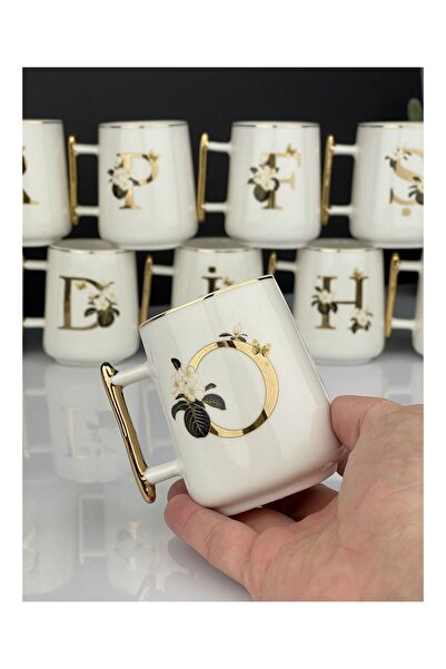 Moddaev Acar Lüx Porselen Yaldızlı Beyaz Juite Harf Kupa O