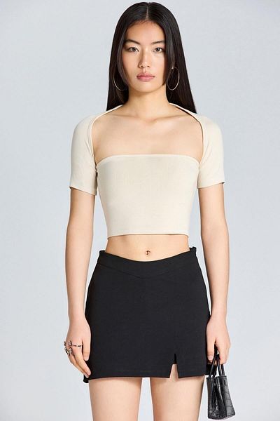 boutiquen 2560 Μπεζ κοντομάνικη μπλούζα με μπολερό