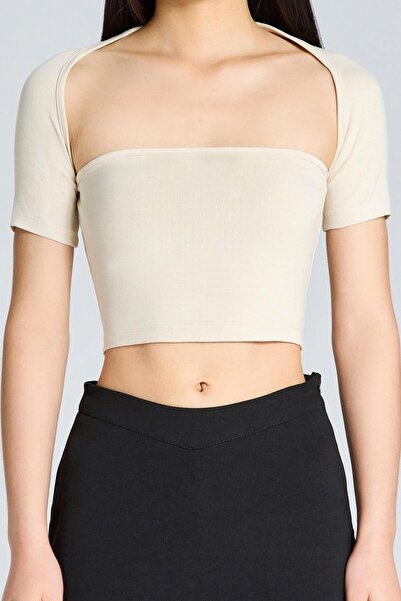 boutiquen 2560 Short Sleeve Beige Blouse with Bolero