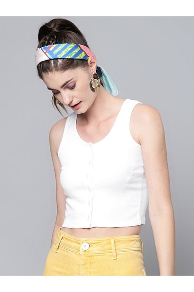 Sassafras By Styli Ribbed Button Front Sleeveless Crop Top