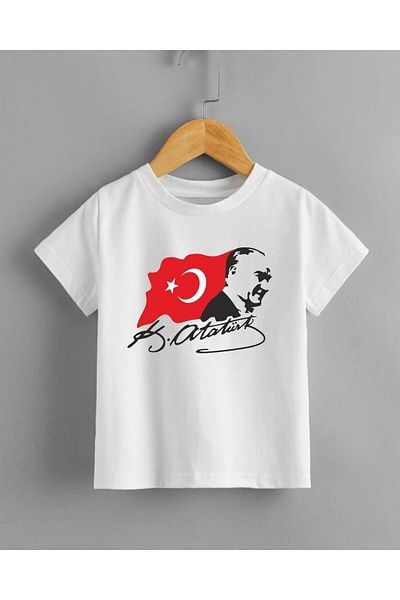 ROOSTER GOLD Tricou alb pentru fete-băieți cu imprimeu ATATURK