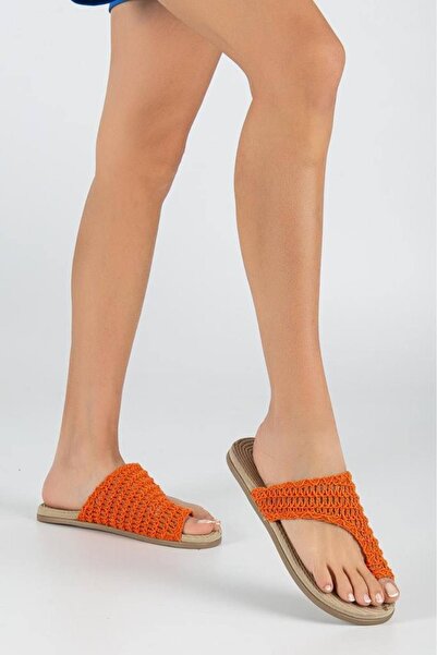 rabellashoes Marina Dantel Parmak Arası Terlik Turuncu