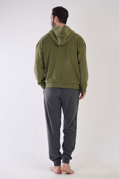 VİENETTA Men's Fleece Pajama Set - Off Shoulder, Zipper, Long Sleeve and Pocket