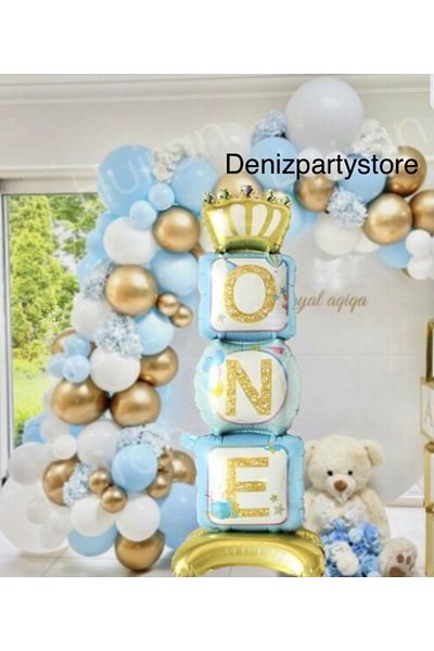 Deniz Party Store Footed ONE Written Blue Gold Prince Themed Foil Balloon 34.5 CM x 108 Cm