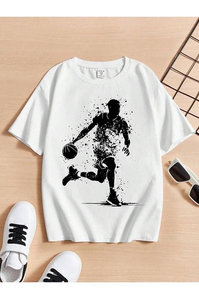 ROOSTER GOLD Tricou alb pentru băiat cu imprimeu pentru jucător de baschet
