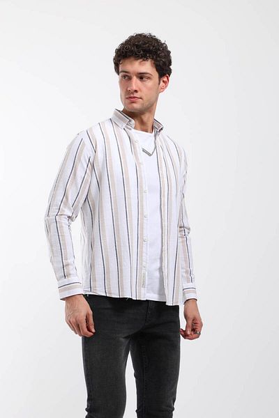 Keep Out Men's Line Patterned Long Sleeve Shirt Beige
