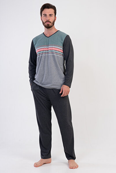 VİENETTA Men's V-Neck Pajama Set - Long Sleeve, 209024