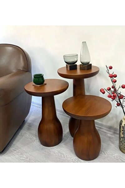 Simillo Home&Living Wood Wooden 3’lü Set Mantar Yan Sehpa Ahşap Modern Ceviz ...