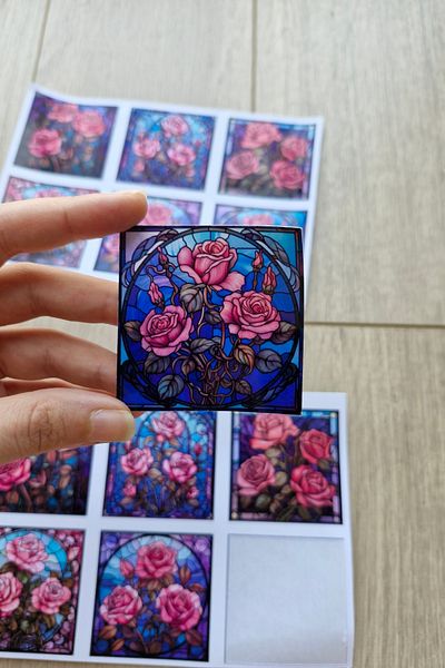 Mona Craftist Set de 12 autocolante cu trandafiri cu vitralii Bullet Journal Laptop Thermos Autocolant pătrat din sticlă colorată