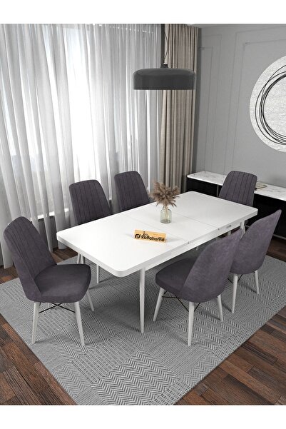 Kaffahome Riff 80x130 Aytaşı Suntalem Açılabilir Yemek Masası , Yemek Masası Takımı - 6 Gri Sandalye