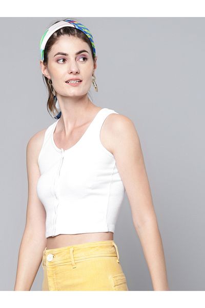 Sassafras By Styli Ribbed Button Front Sleeveless Crop Top