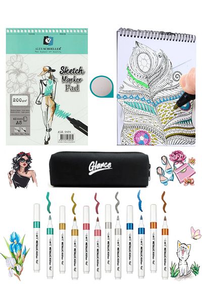 GLANCE Alex Marker - A5 200gr Sketchbook, 40yp Acrylic Metallic Colors, Set of 6