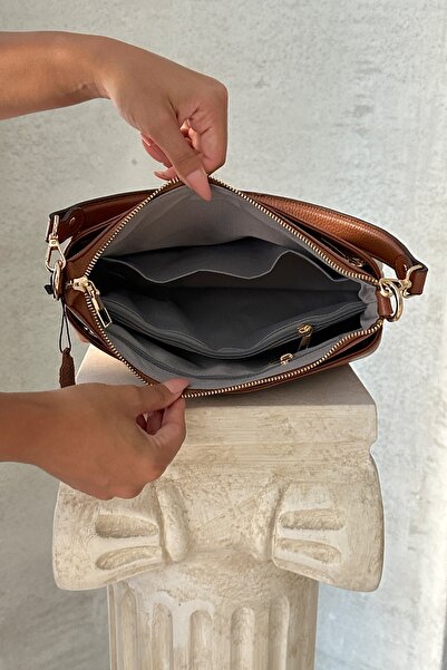 DERKON Oxnova Model Tan Colored Genuine Leather Crossbody Bag