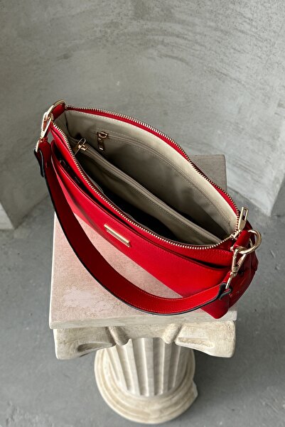 DERKON Oxnova Model Red Colored Genuine Leather Both Handle and Crossbody Bag