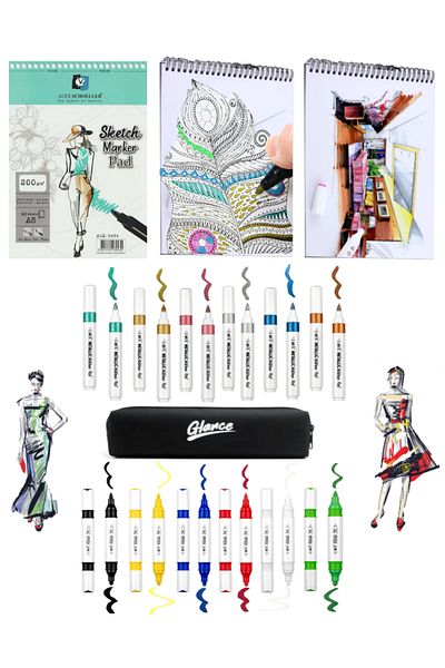 GLANCE Alex Marker - A5 40yp Sketchbook, 200gr 6 Metallic Vibrant Colors Set of 12
