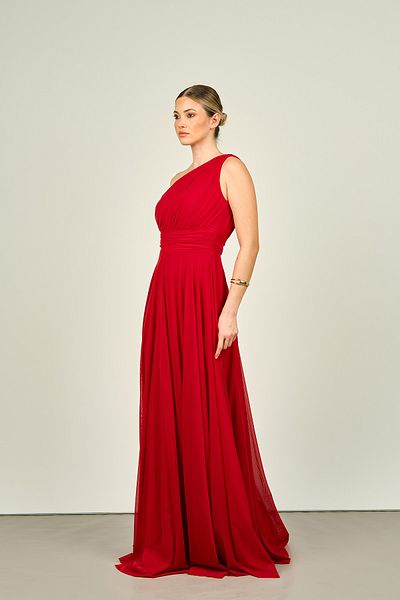 DORİDORCA One Shoulder Doridorca Red Long Evening Dress with Flared Detail 2072