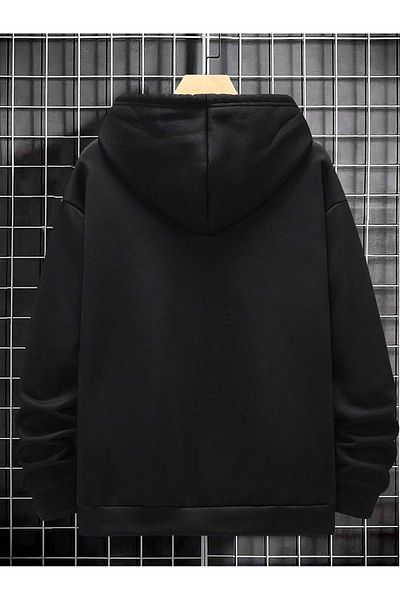 Black Sokak Men's Oversize Hooded Black Sweatshirt - Basic Plain Design