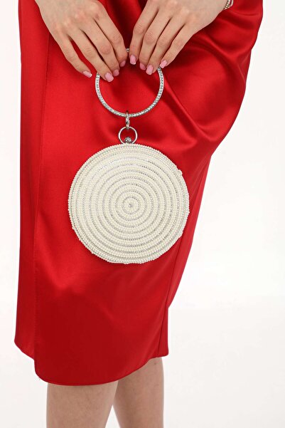 womenacs Portfolio de rochii de seara circulare de culoare sidefata cu stras perlat - geanta clutch cu bratara inel