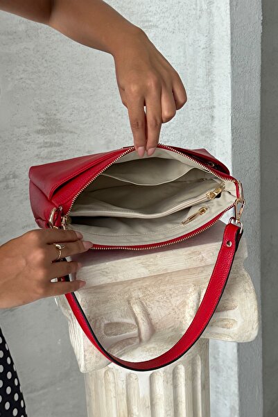 DERKON Oxnova Model Red Colored Genuine Leather Both Handle and Crossbody Bag