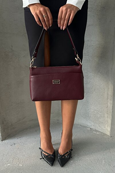 DERKON Oxnova model Burgundy Colored Genuine Leather Crossbody Bag - Hem Handle Design