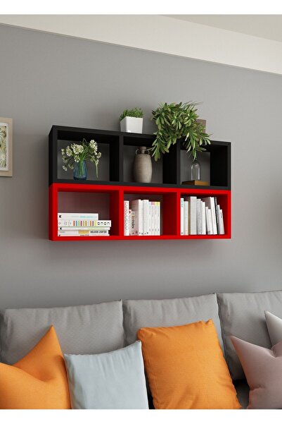 Dekormer Design Kitaplık Duvar Rafı Mobilya Ikili Renkli Takım Kırmızı Siyah