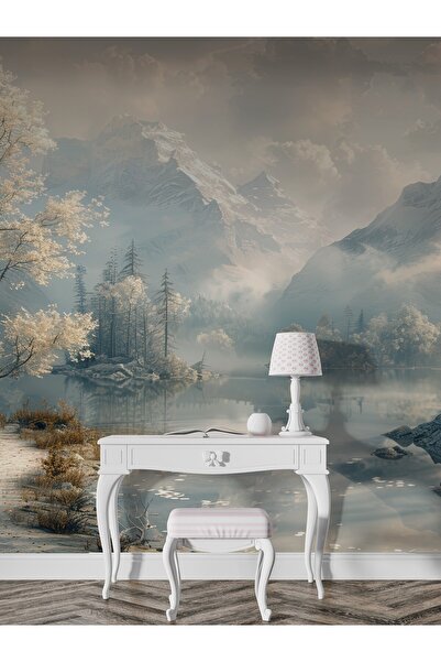 Dekoros Göl Manzara Duvar Kağıdı, Ağaç ve Dağlar Duvar Kağıdı Oturma Odası Du...