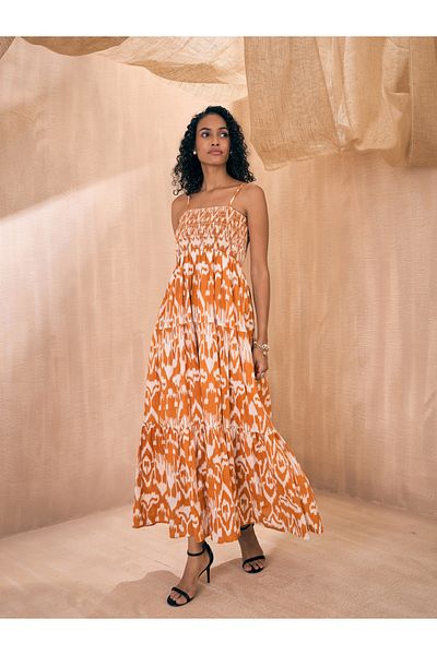 Sassafras By Styli Ikat Print Smocked Bust Tiered Maxi Dress