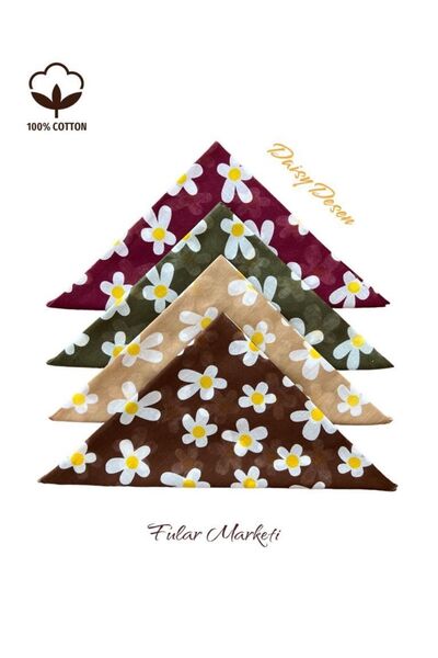 Fular Marketi 100% βαμβάκι 4 τεμάχια μπαντάνα με σχέδιο Daisy μπορντό, καφέ, χακί, καφέ γάλακτος