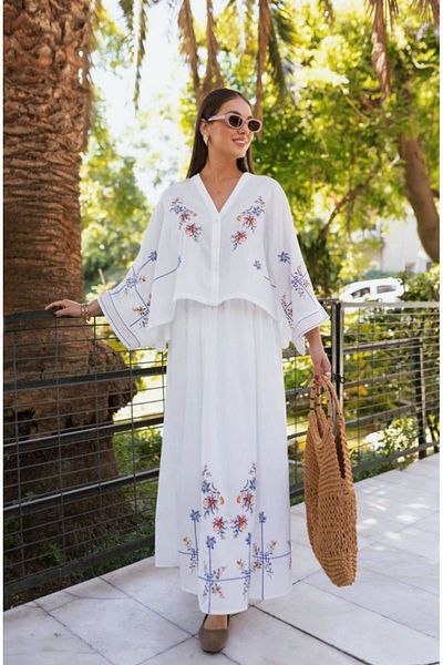 BRTC design White Flower Embroidered Cotton Women's Skirt and Blouse Set