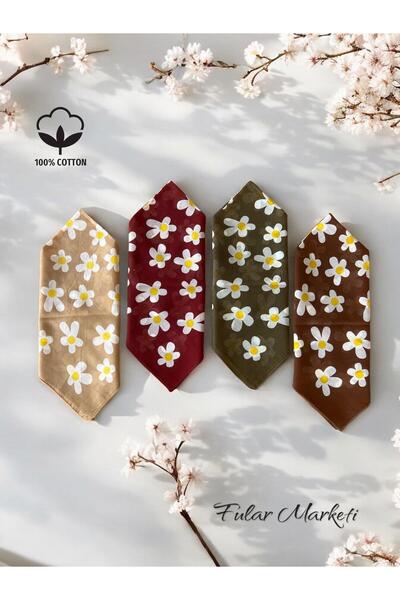 Fular Marketi 100% βαμβάκι 4 τεμάχια μπαντάνα με σχέδιο Daisy μπορντό, καφέ, χακί, καφέ γάλακτος
