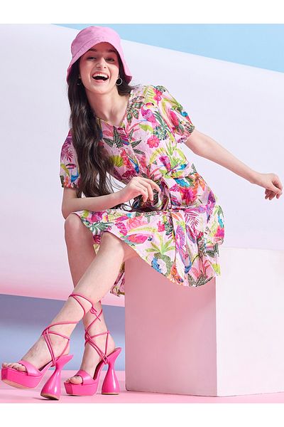 Stylo Bug By Styli Floral Print Dobby Dress with Tie Belt