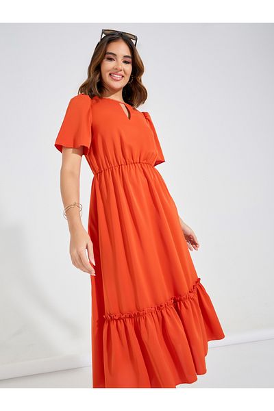 Luxewave By Styli Solid Keyhole Neck Puff Sleeves Midi Dress
