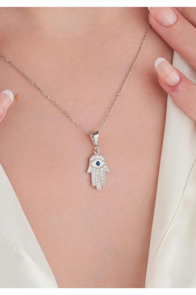 Tmt Silver GÜMÜŞ FATMA ANA ELİ EL NAZAR BONCUKLU BONCUĞU  ZİRKON TAŞLI MAVİ G...