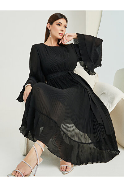 Styli فستان ميدي بقصة A وأكمام منفوخة من قماش بليسيه