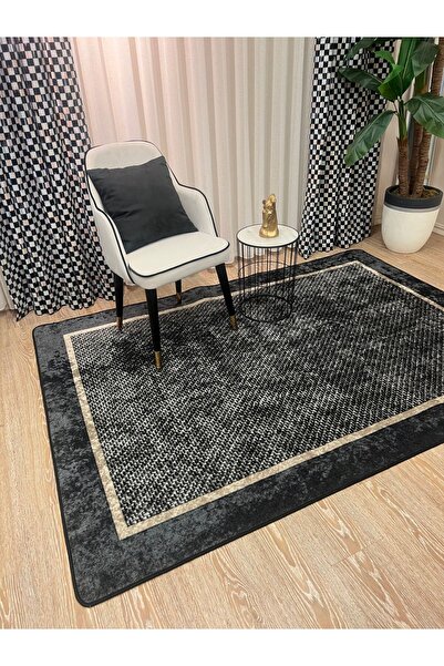 Brillant Hasır Jüt Sisal Bordürlü Görünümlü Dekoratif Halı Gri Gold