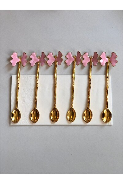 CHANCE GİFT Gold Plated Butterfly Figure Enamel Set of 6 Tea Spoons (pink)
