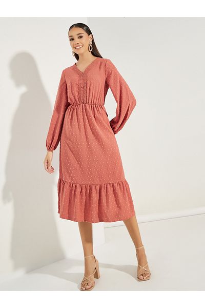 Styli Dobby Lace Insert A-Line Midi Dress