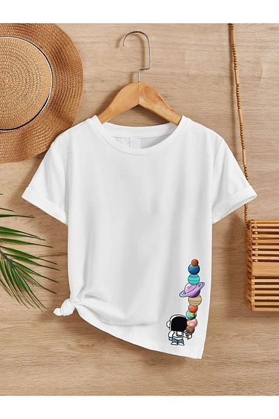 VASK Unisex Άνετο Παιδικό μπλουζάκι από βαμβακερό εμπριμέ λευκό