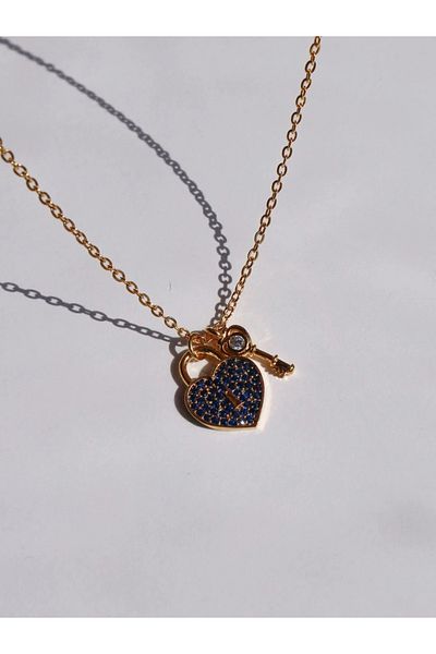 Reorah Collection Navy Blue Minimal Patterned Heart Lock Key Necklace