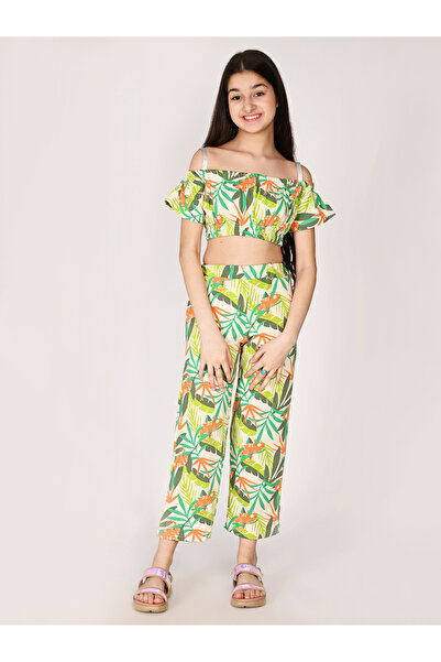 LilPicks By Styli Tropical Print Crop Top & Pants Set