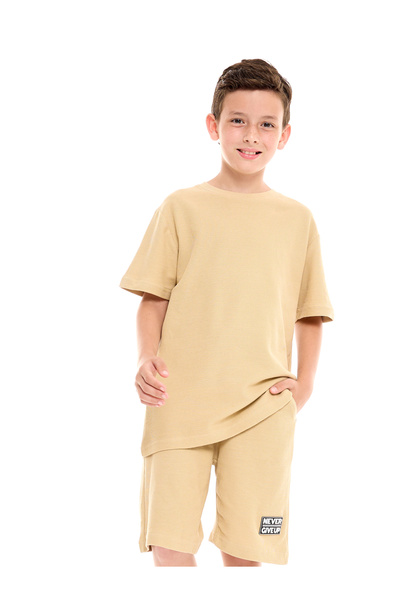 Victor and Jane By Styli Textured Knit Patch Detail Longline T-Shirt & Shorts...