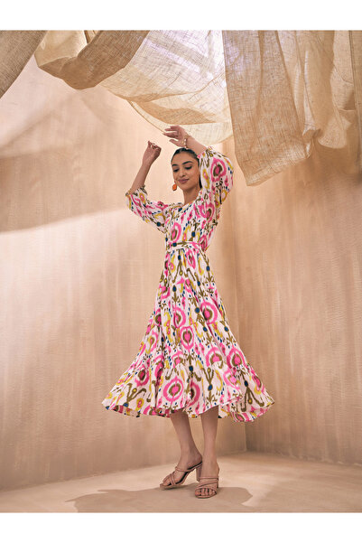 Sassafras By Styli Ikat Print Front Button Self Belt Tiered Midi Dress