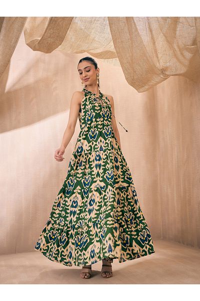 Sassafras By Styli Ikat Print Dori Neck Tiered Maxi Dress